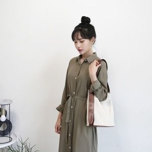Waist Strap Side Slit Shirt Dress